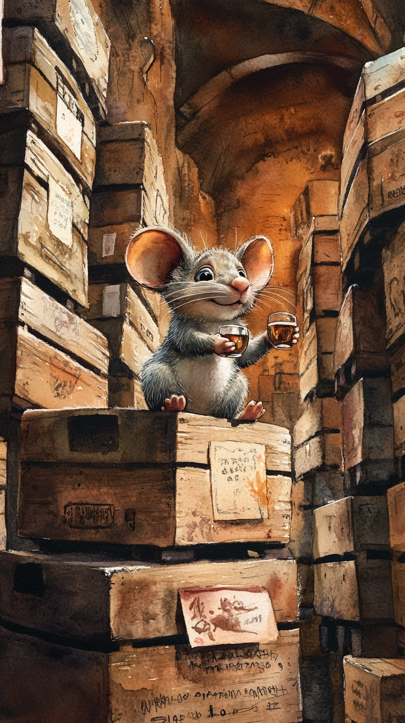 Watercolor mouse demonstrating wine tasting in a rustic warehouse