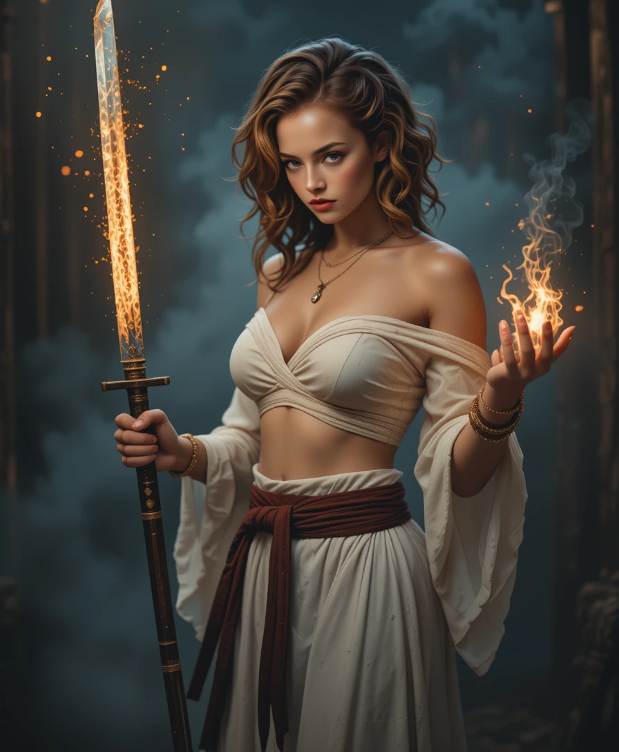 Ancient warrior priestess with flaming katana and magic