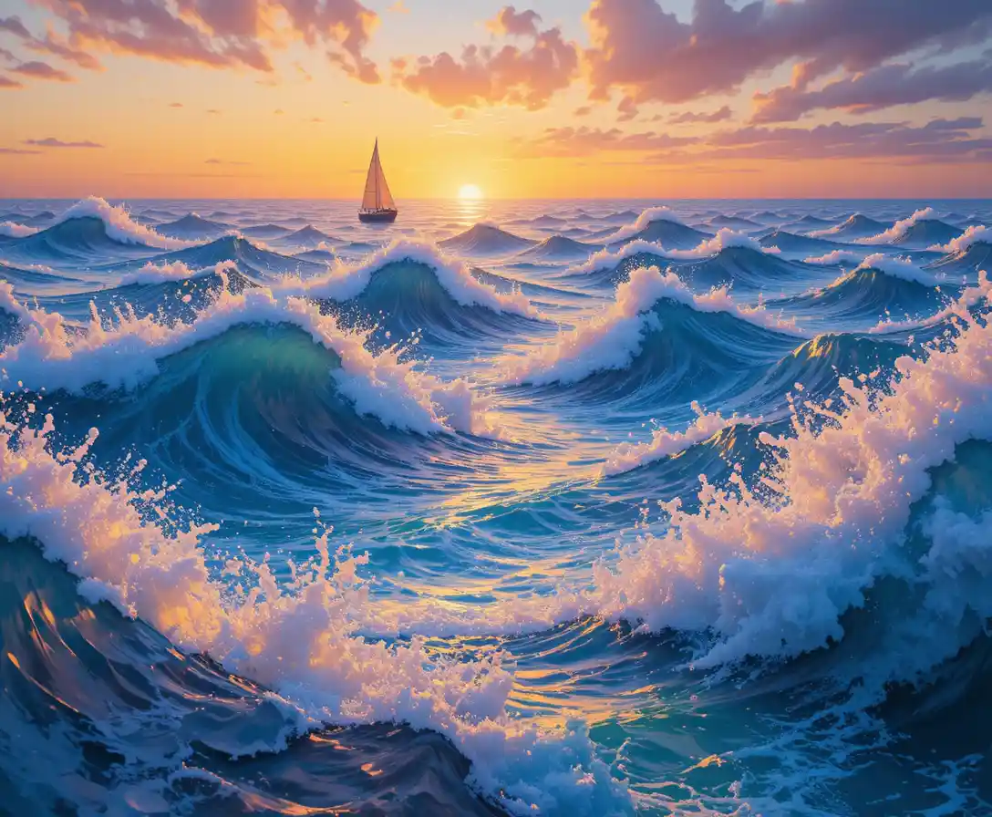 Sailboat Crossing A Prism Like Sea At Vivid Sunset