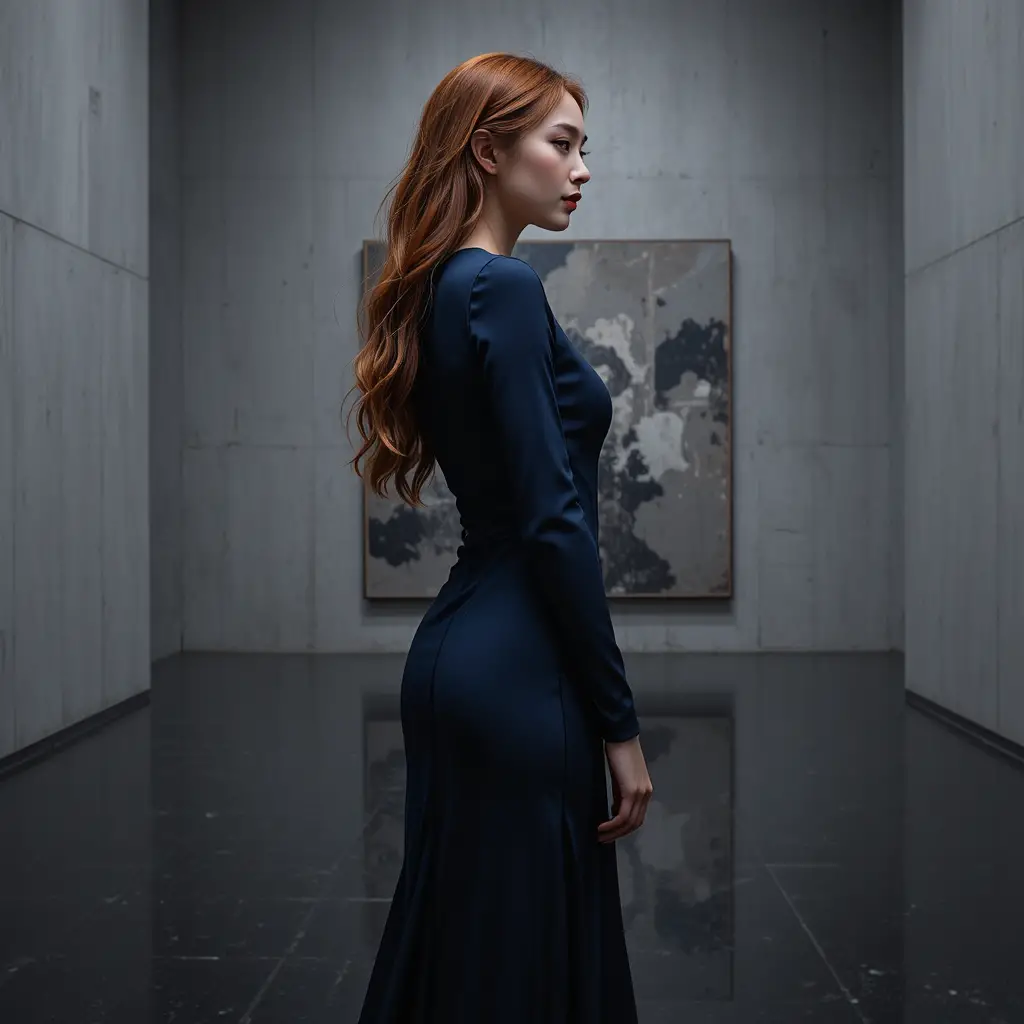 Elegant Korean woman in midnight navy gown in gallery