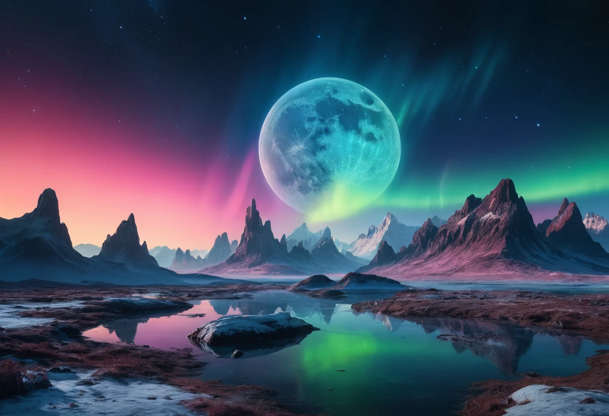 Planeta de Neón Brillante con Aurora y Lejana Luna Helada