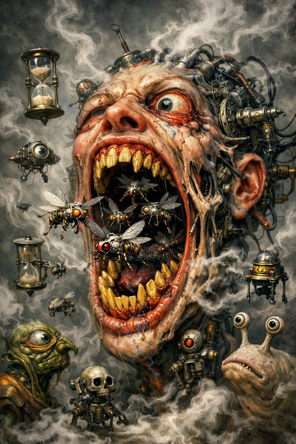 Surreal distorted face with mechanical insects and smoke