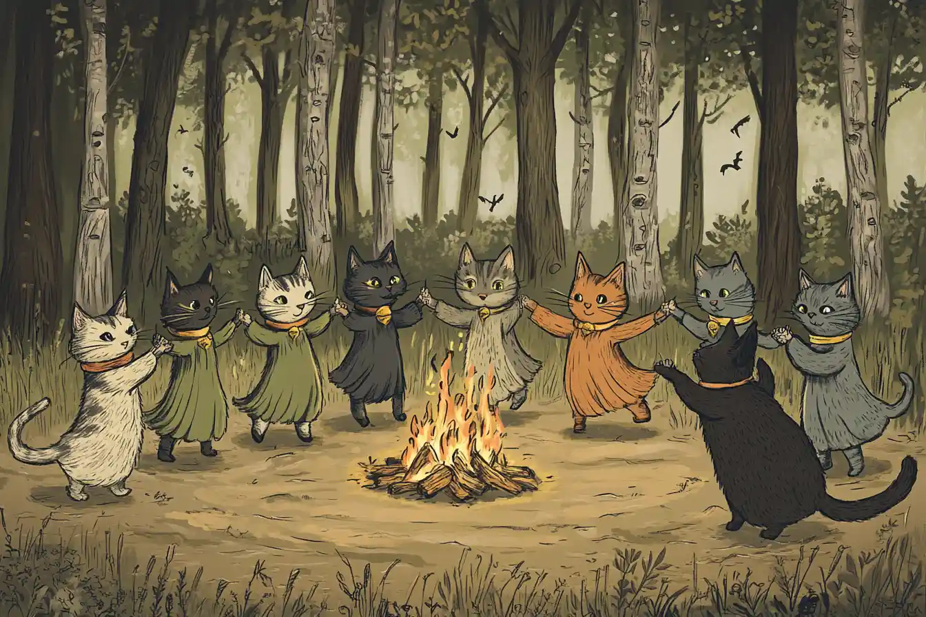 Verspielte Hexenkatzen tanzen um das Waldfeuer