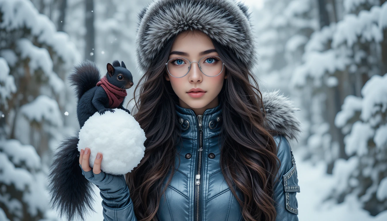 Jovem segurando uma enorme bola de neve na floresta de inverno