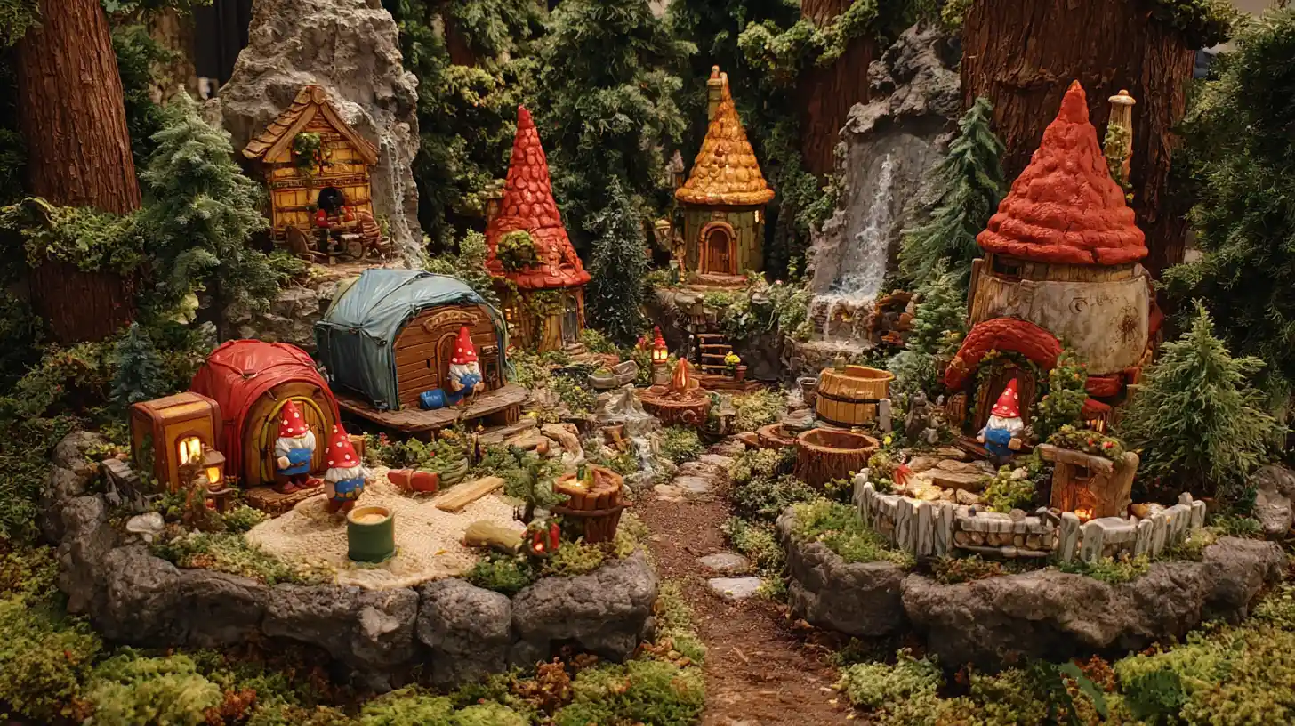 Whimsical gnome village built from camping gear in deep forest