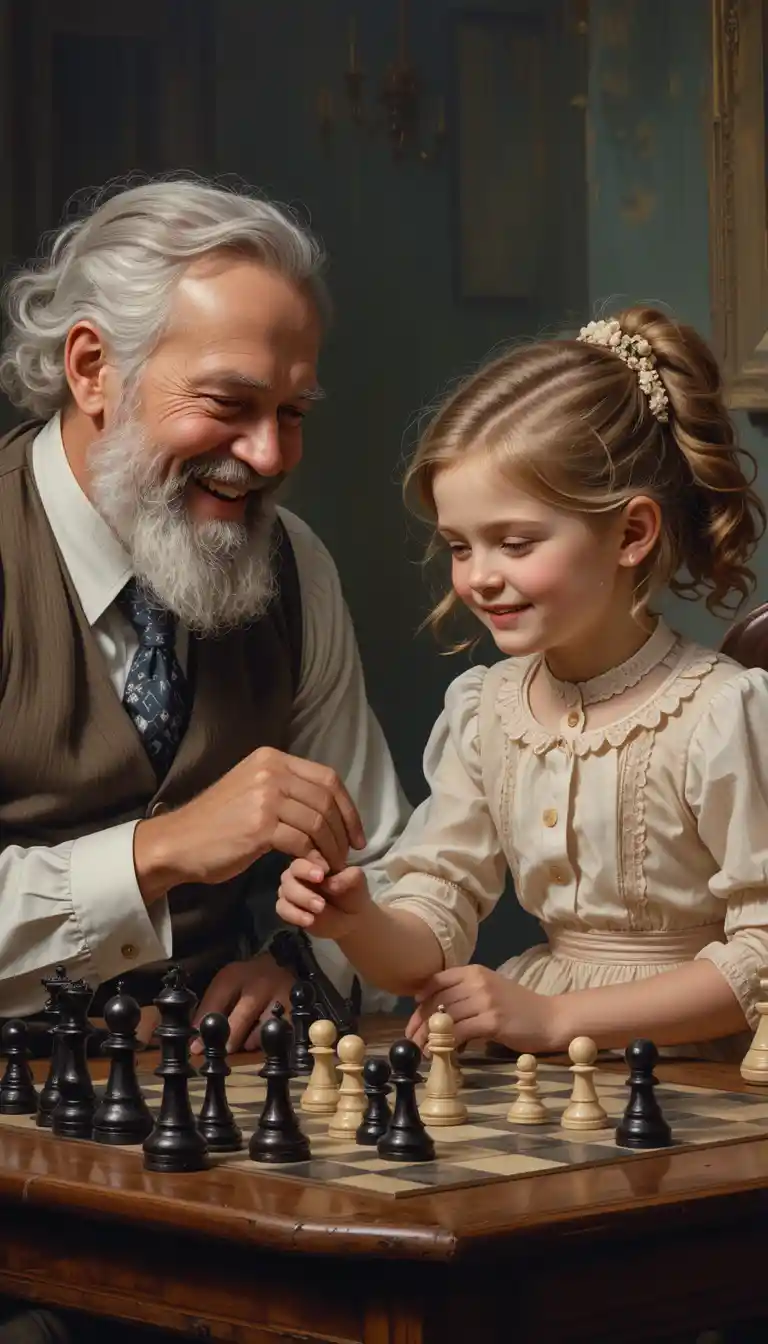 Cheerful grandfather teaching a little girl to play chess