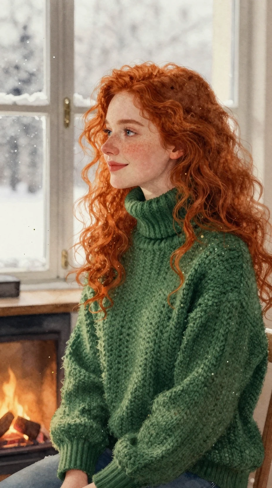 Red haired girl in green sweater by a winter window