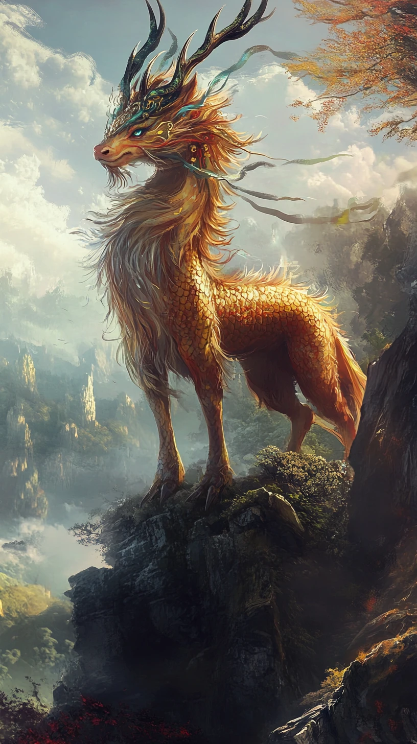 Majestätisches Qilin – Mystische Kreatur in einer Fantasiewelt