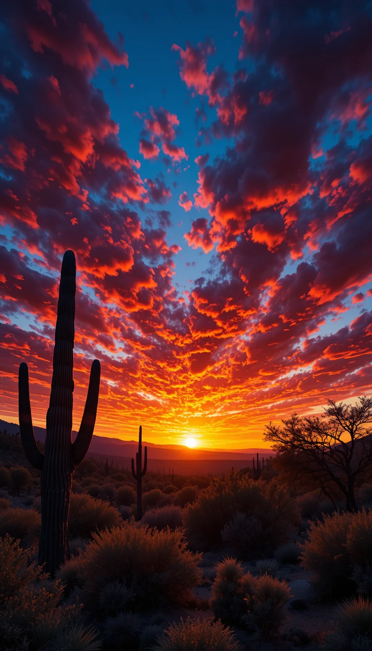 Atardecer vívido en el desierto con siluetas de cactus y cielo ardiente