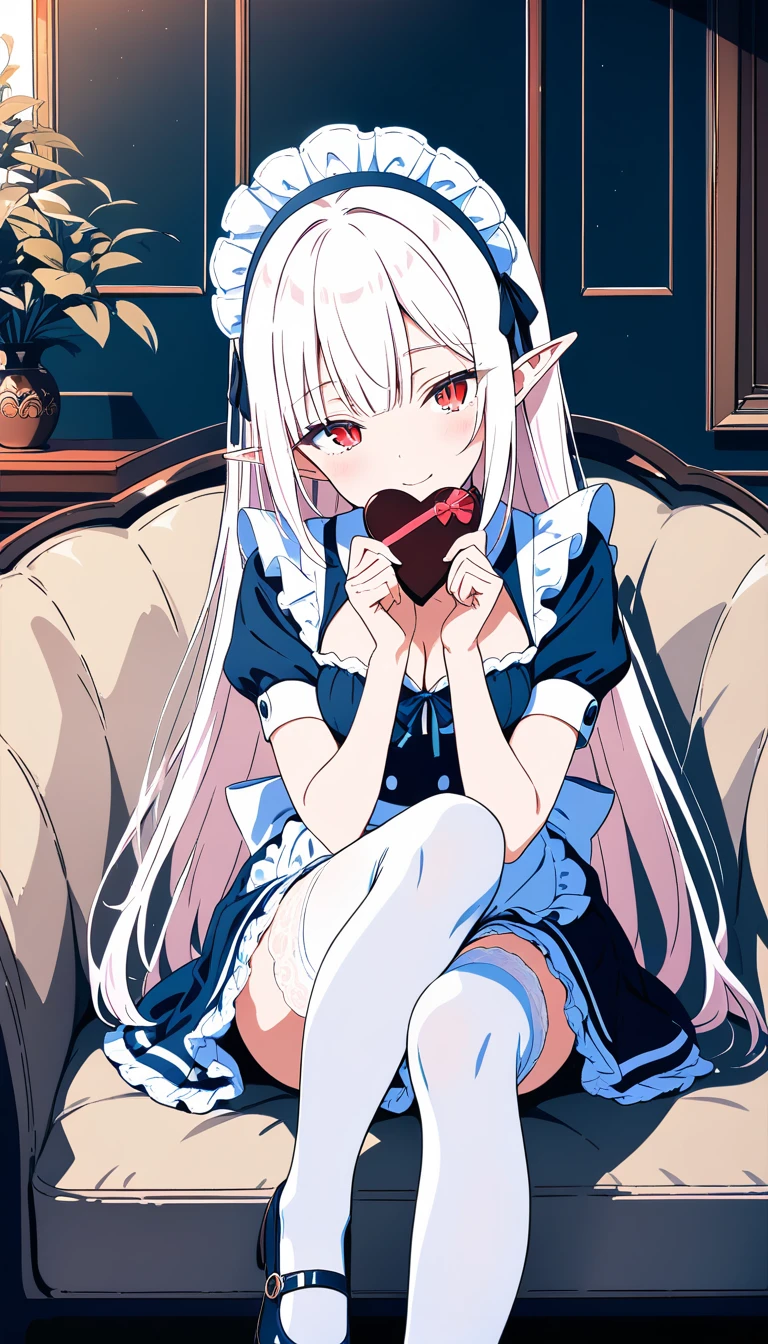 Albino elf maid holding Valentines chocolates on sofa