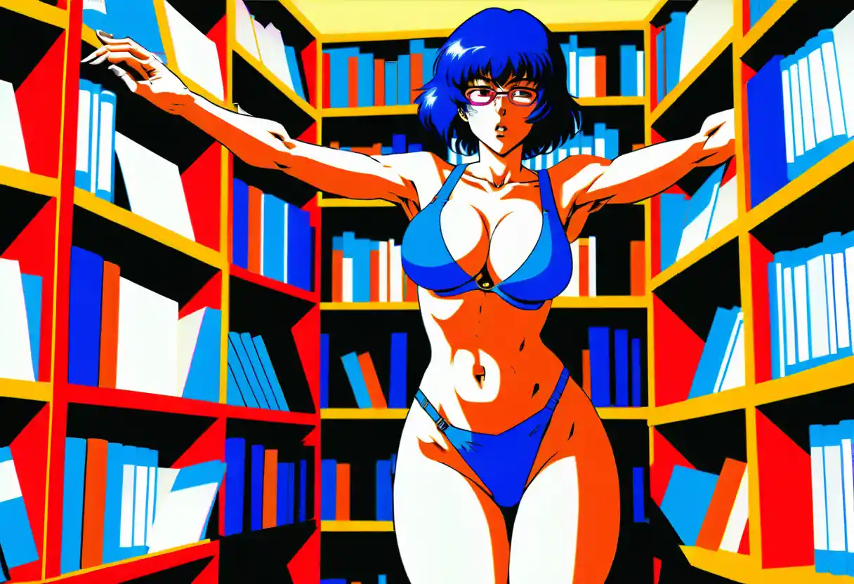 Anime librarian reaching for scrolls in a mystical library