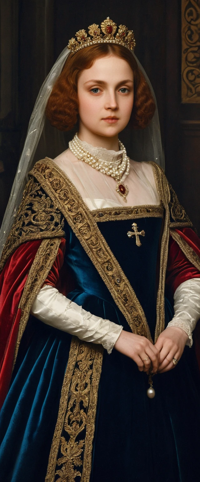 Renaissance portrait of a Scottish queen in crimson velvet finery