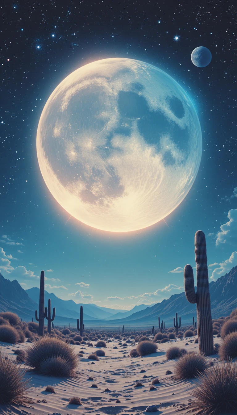 Desierto surrealista bajo una luna llena resplandeciente en tonos azules