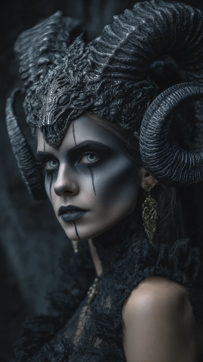 Rainha demoníaca de fantasia sentada em um trono barroco ornamentado
