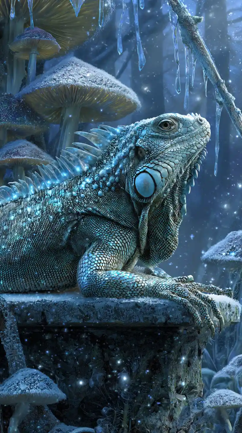 Iguana Luminoso su Altare Ghiacciato in una Mistica Foresta Invernale