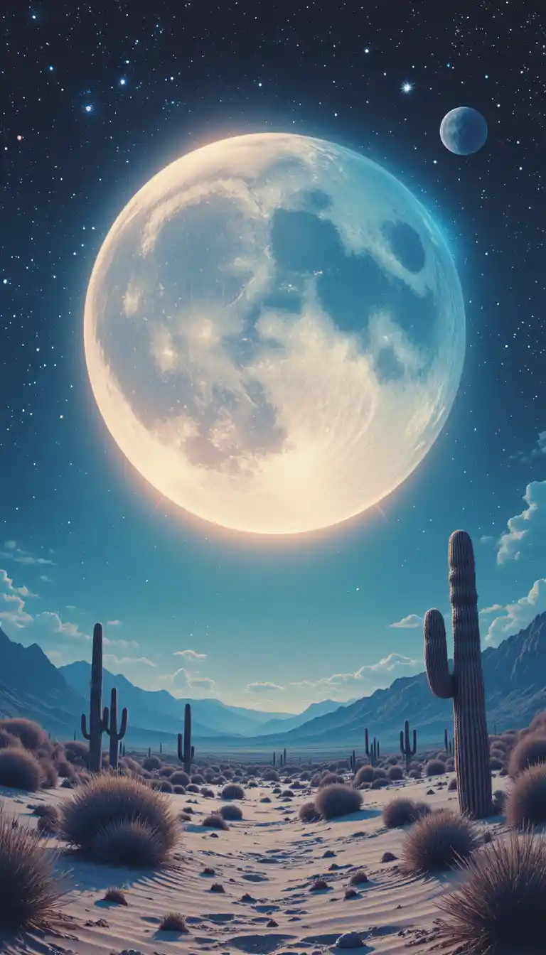 Surreal desert under a glowing full moon in blue tones