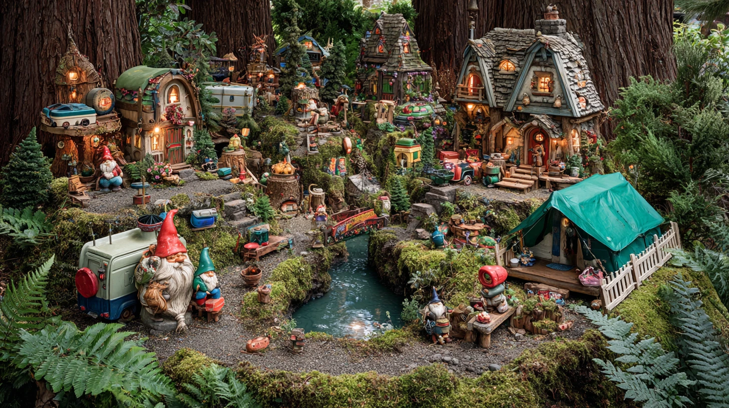 Colorful gnome village built from camping gear in deep forest