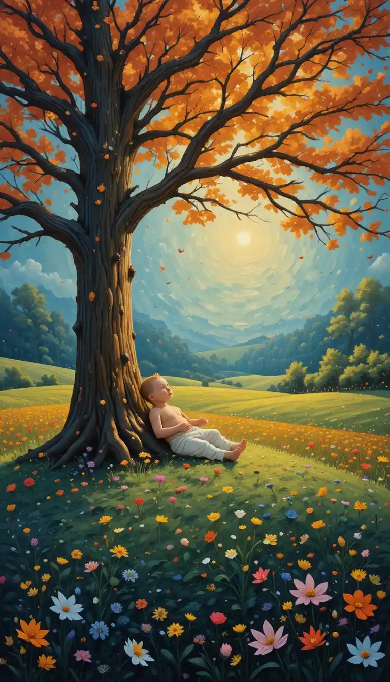 Whimsical baby resting beneath a grand oak tree