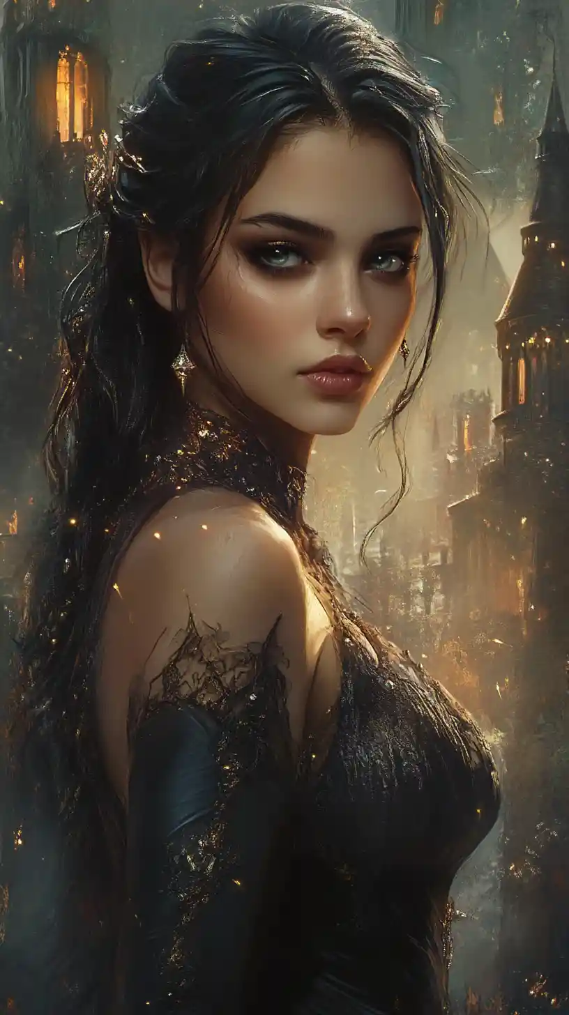 Mystical fantasy diva before a looming gothic castle