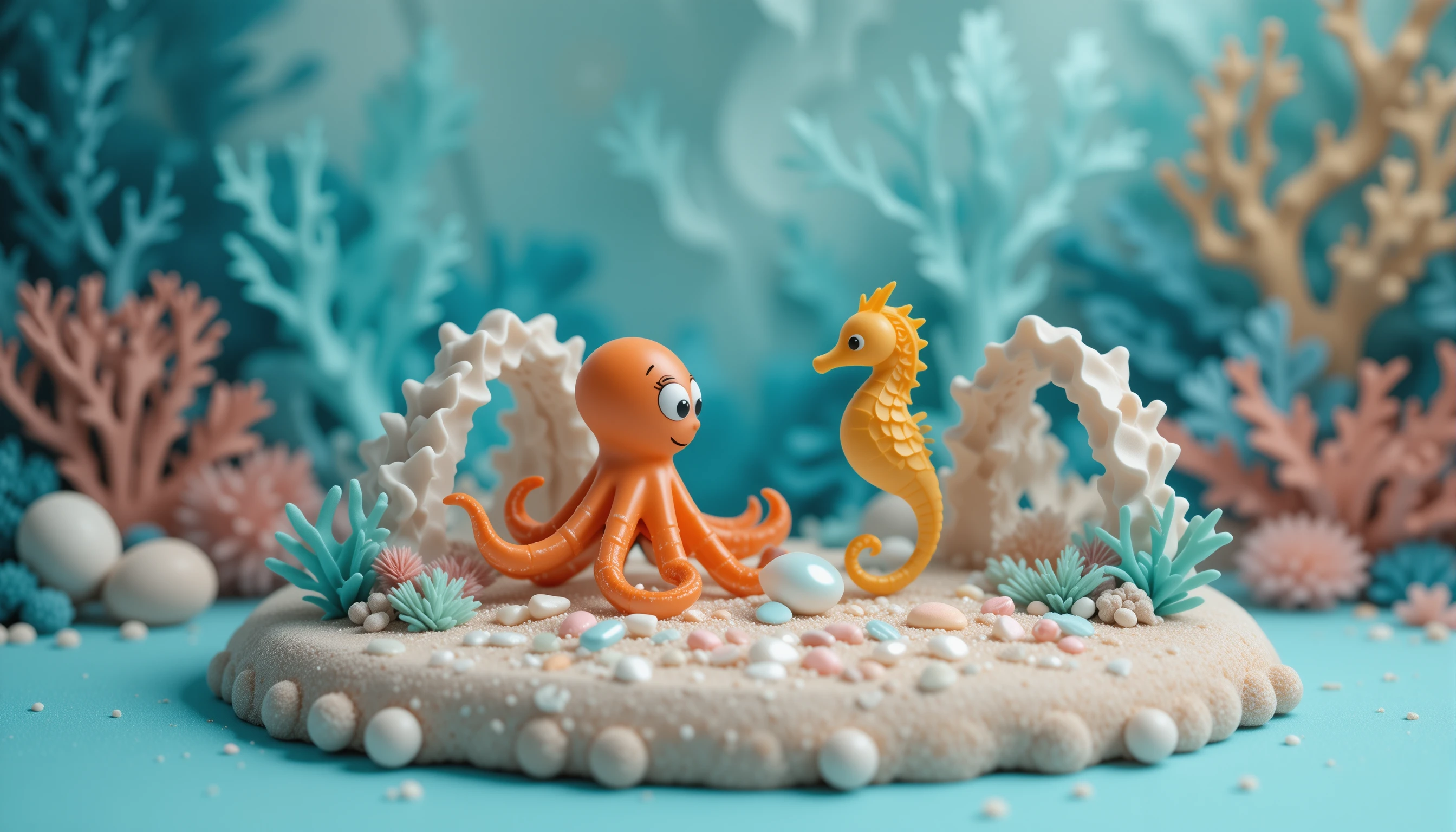 Miniature seabed diorama with cartoon octopus and seahorse