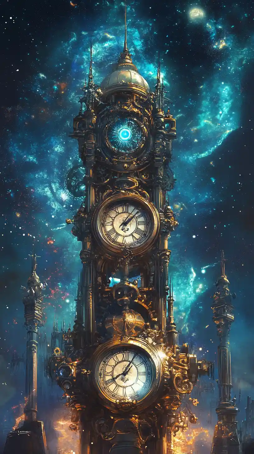 Surrealer Steampunk-Uhrenturm mit wachsamen Augen im kosmischen Himmel