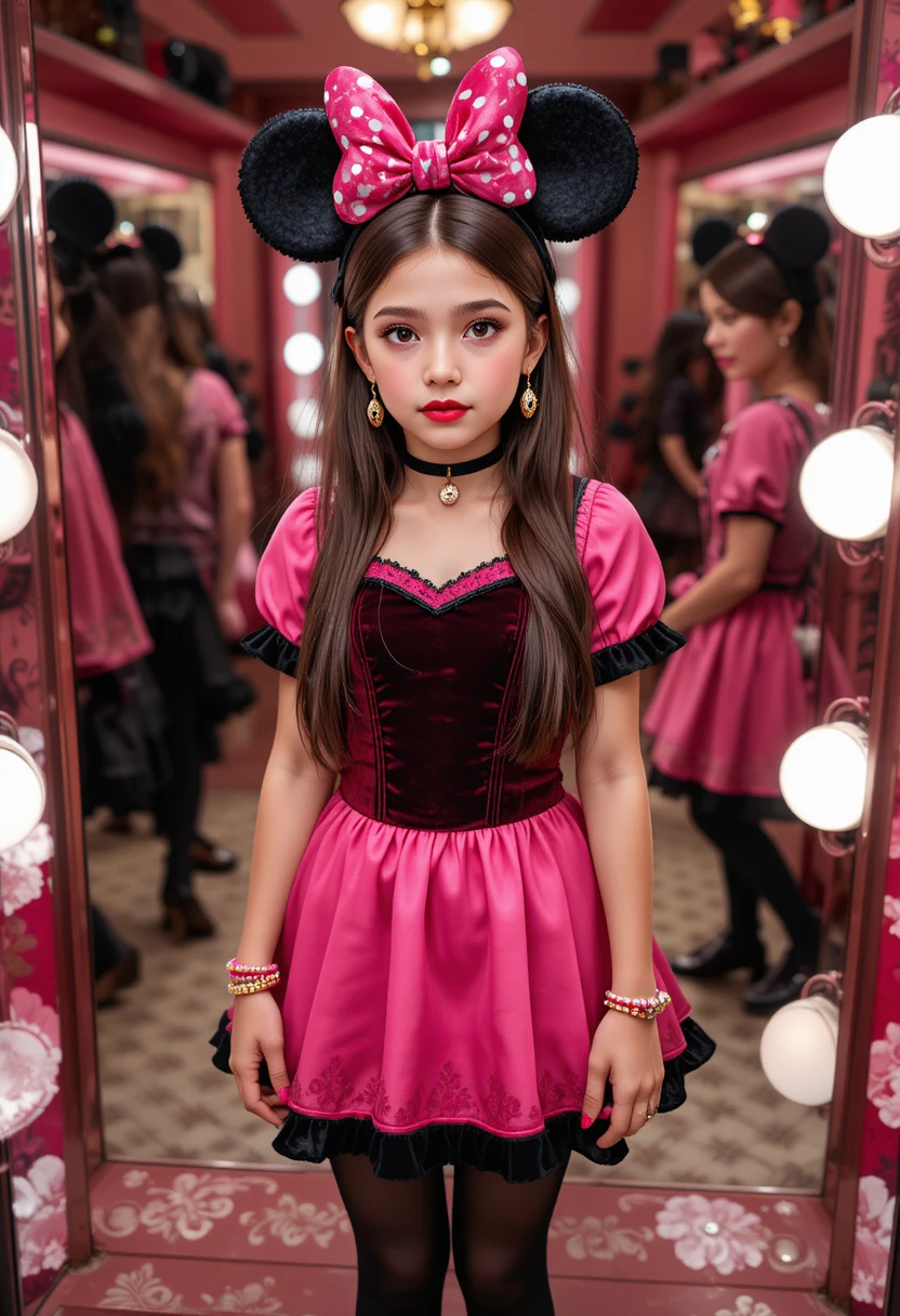Preadolescente con vestido rosa estilo Minnie en tocador de boutique