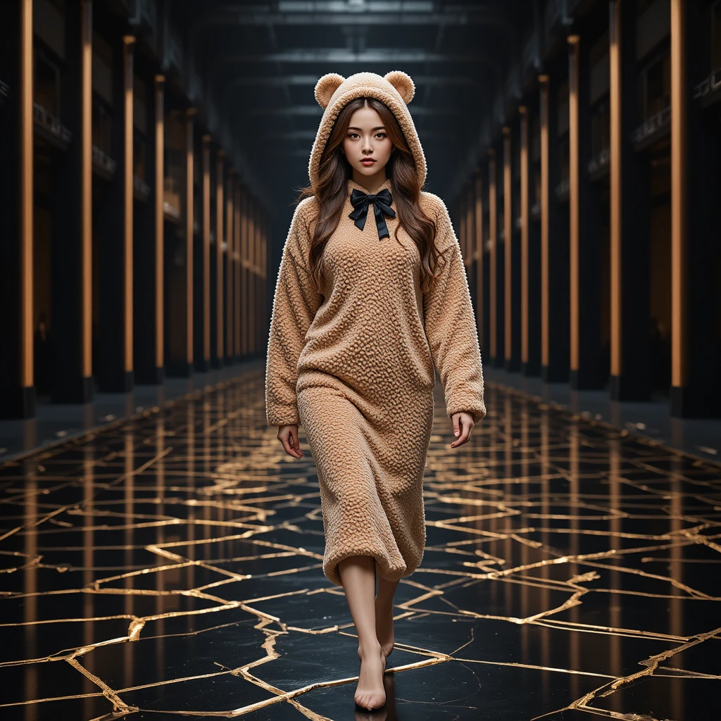 Korean model in sherpa teddy dress on reflective runway