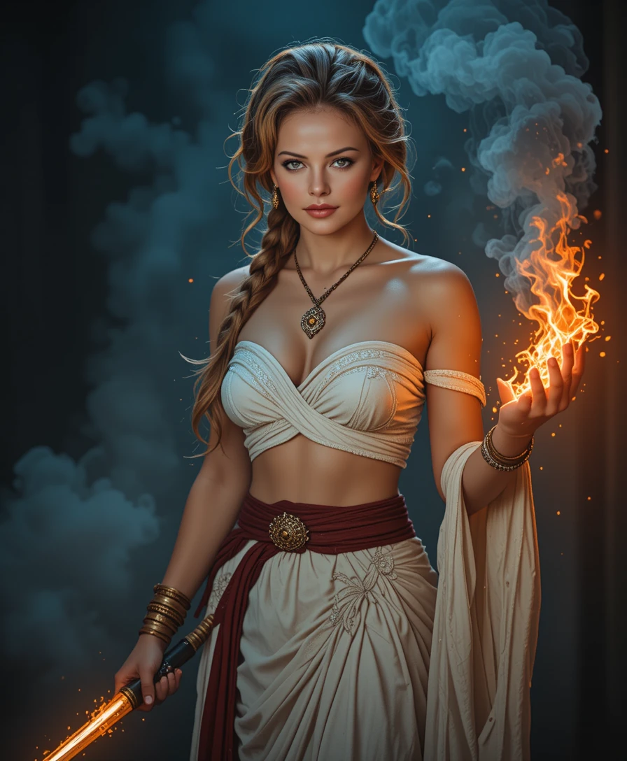 Ancient warrior priestess with flaming katana and magic