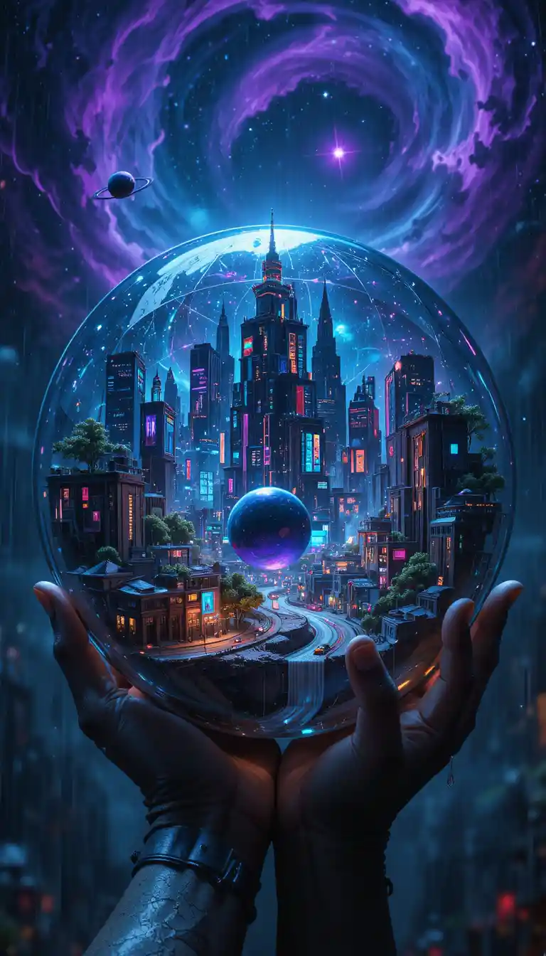 Miniature cyberpunk city inside a glowing glass sphere