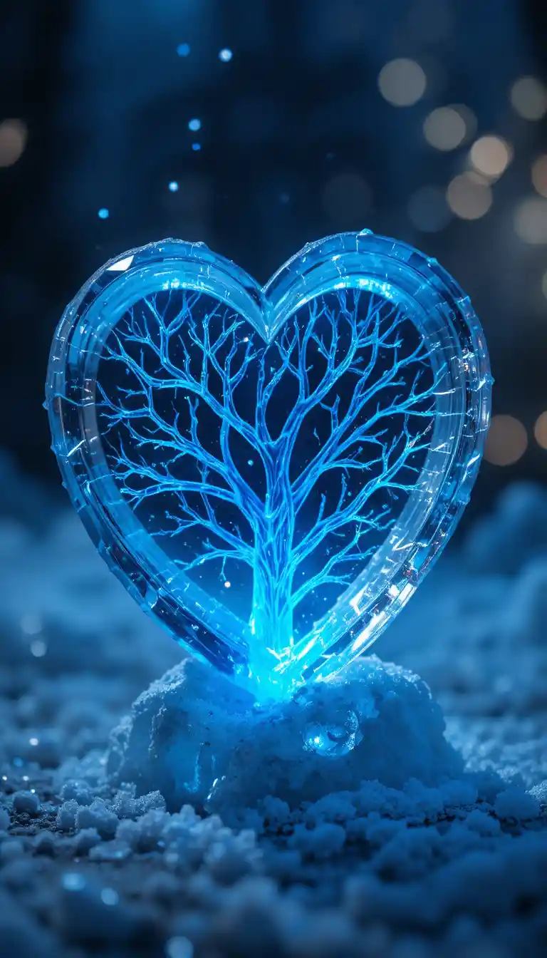 Herzförmige Eisskulptur, die in ätherisch blauem Licht leuchtet