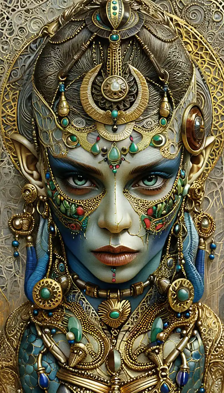 Mystical Cybernetic Egyptian Goddess Portrait In Turquoise Gold