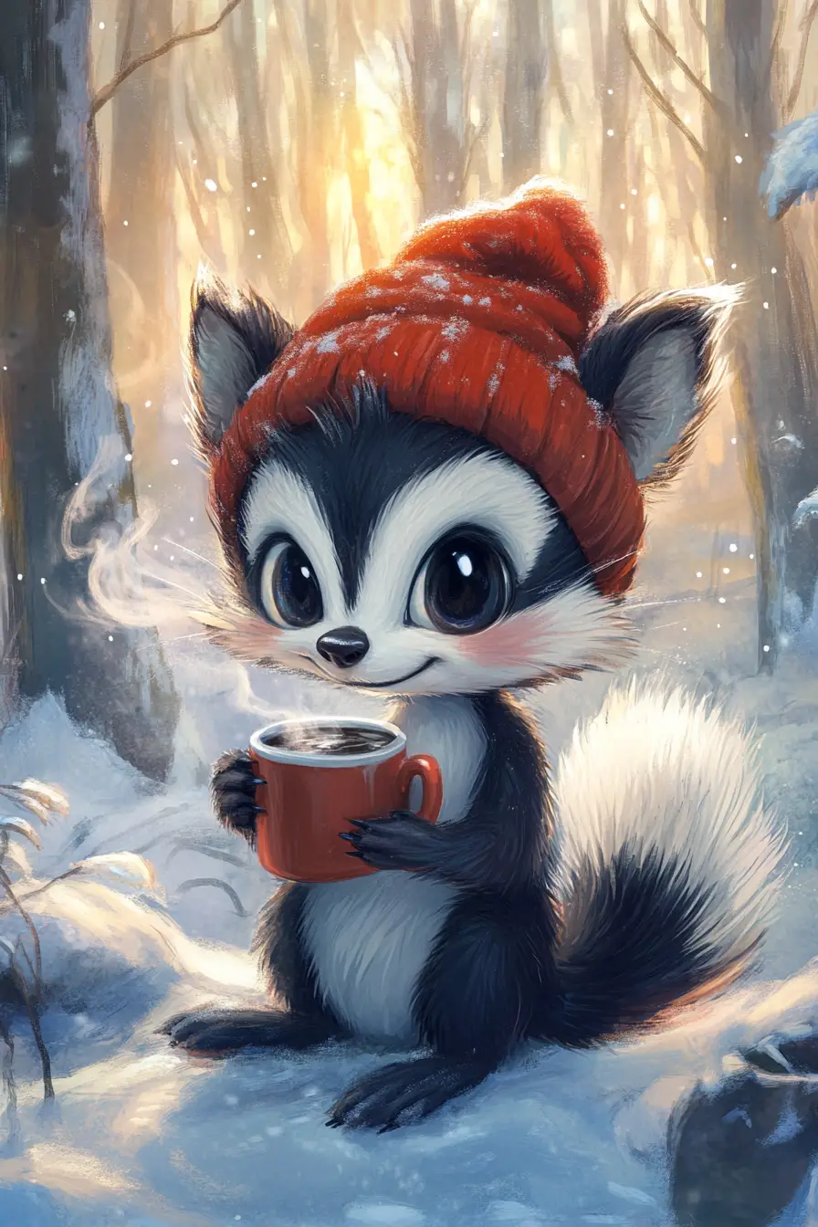 Cute anime skunk in snowy forest with hot coffee