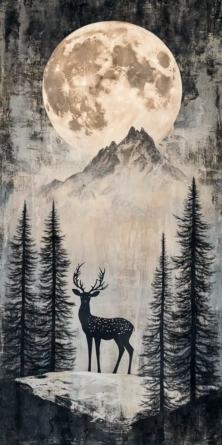 Doe And Fawn Under A Full Moon In Mountain Silhouettes