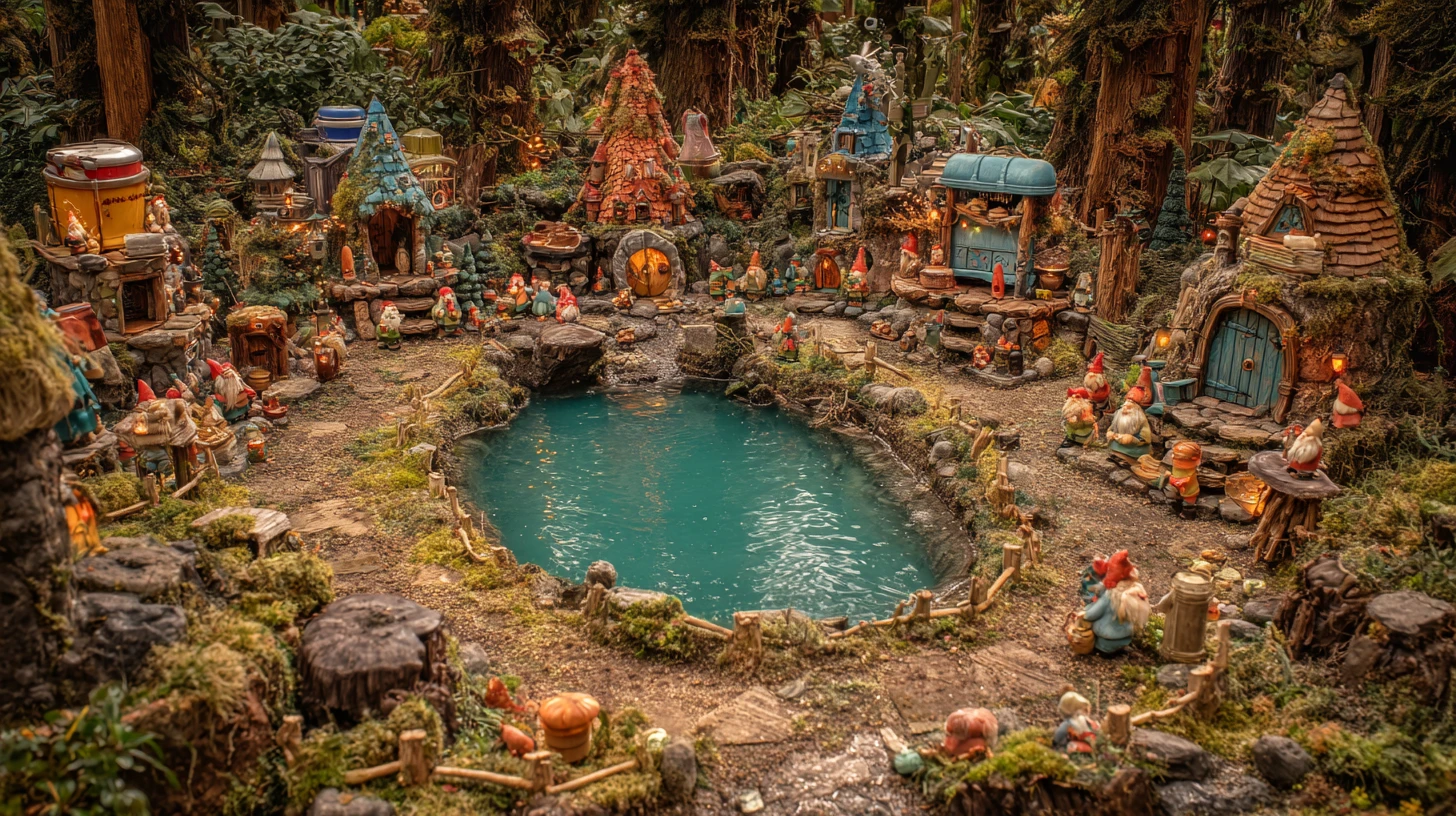Colorful gnome village built from camping gear in forest