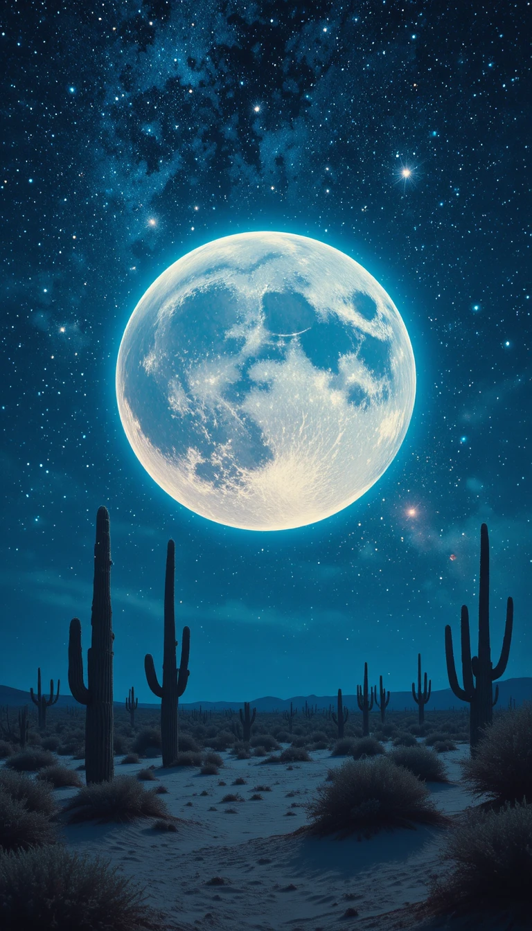 Surreal desert under a glowing full moon in blue tones