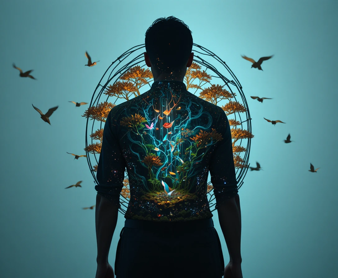 Back view silhouette filled with trees birds and data