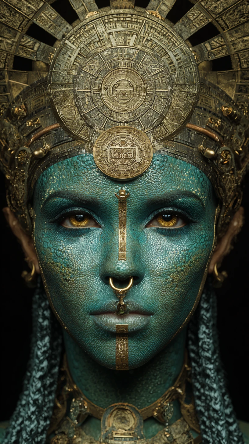 Cybernetic Egyptian goddess portrait with luminous turquoise skin