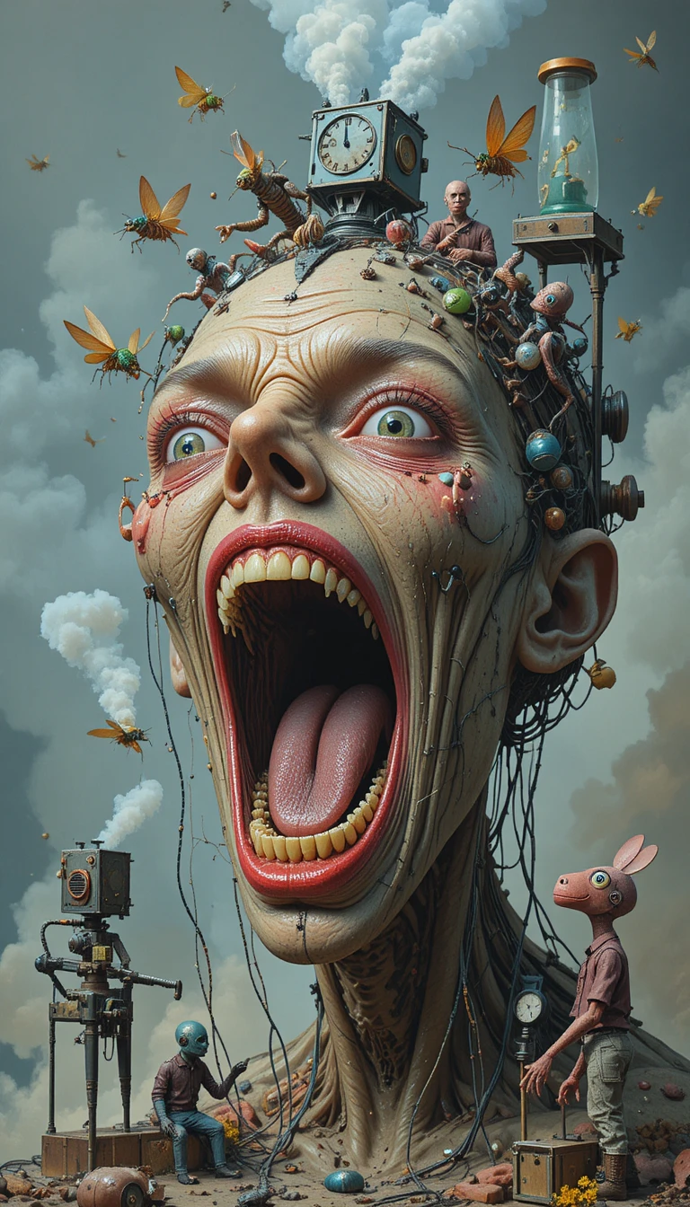 Rostro humano distorsionado y surreal que vomita insectos mecánicos