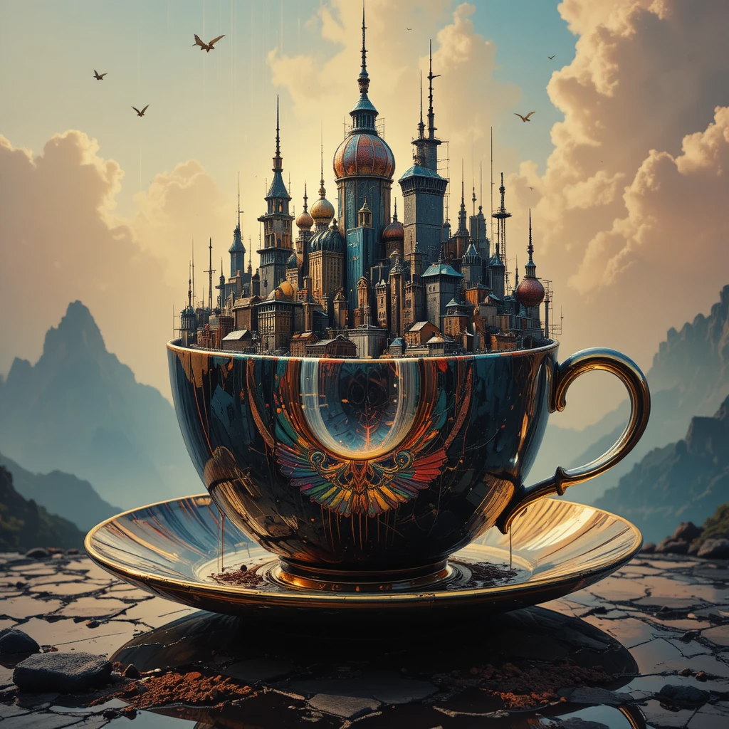 Surreal futuristic city rising from a delicate tea cup