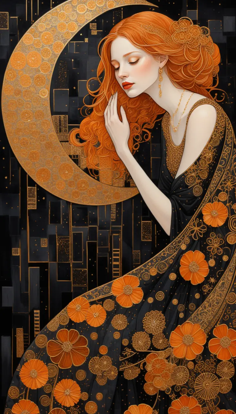 Melancholic red haired woman before a glowing golden moon