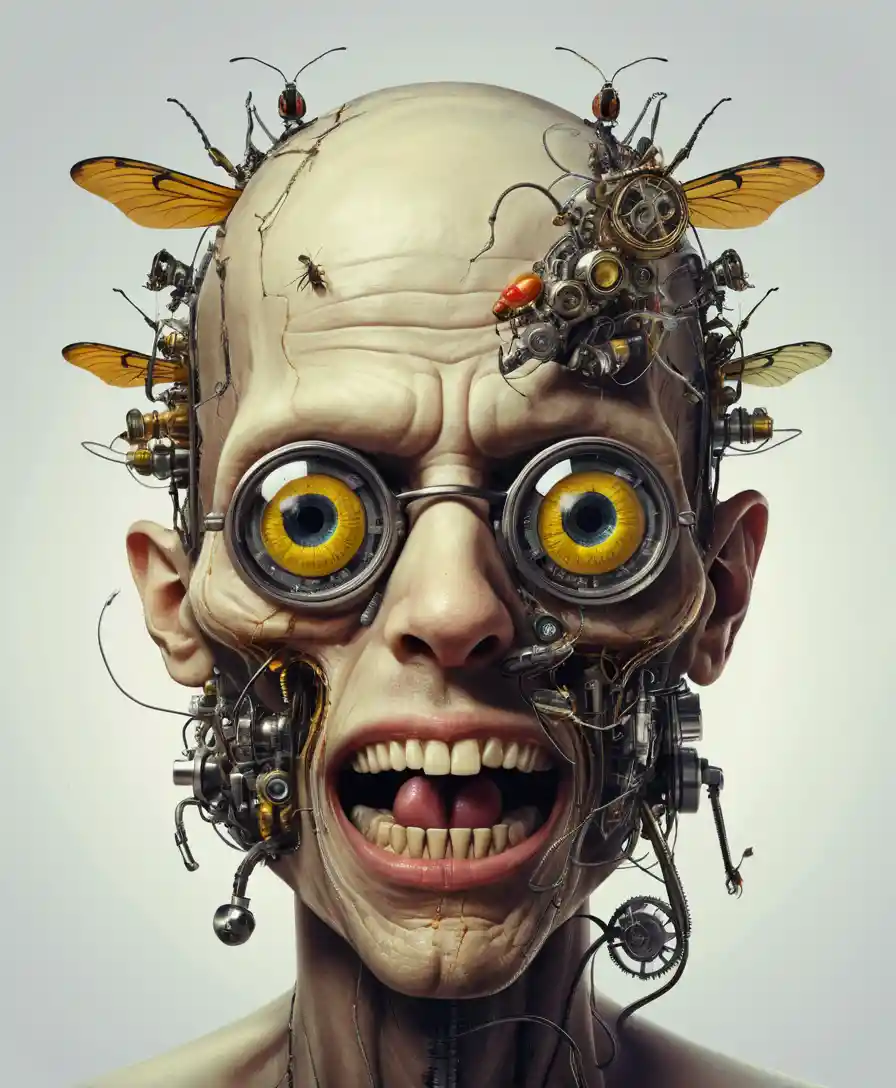 Rostro humano surrealista y distorsionado con insectos mecánicos