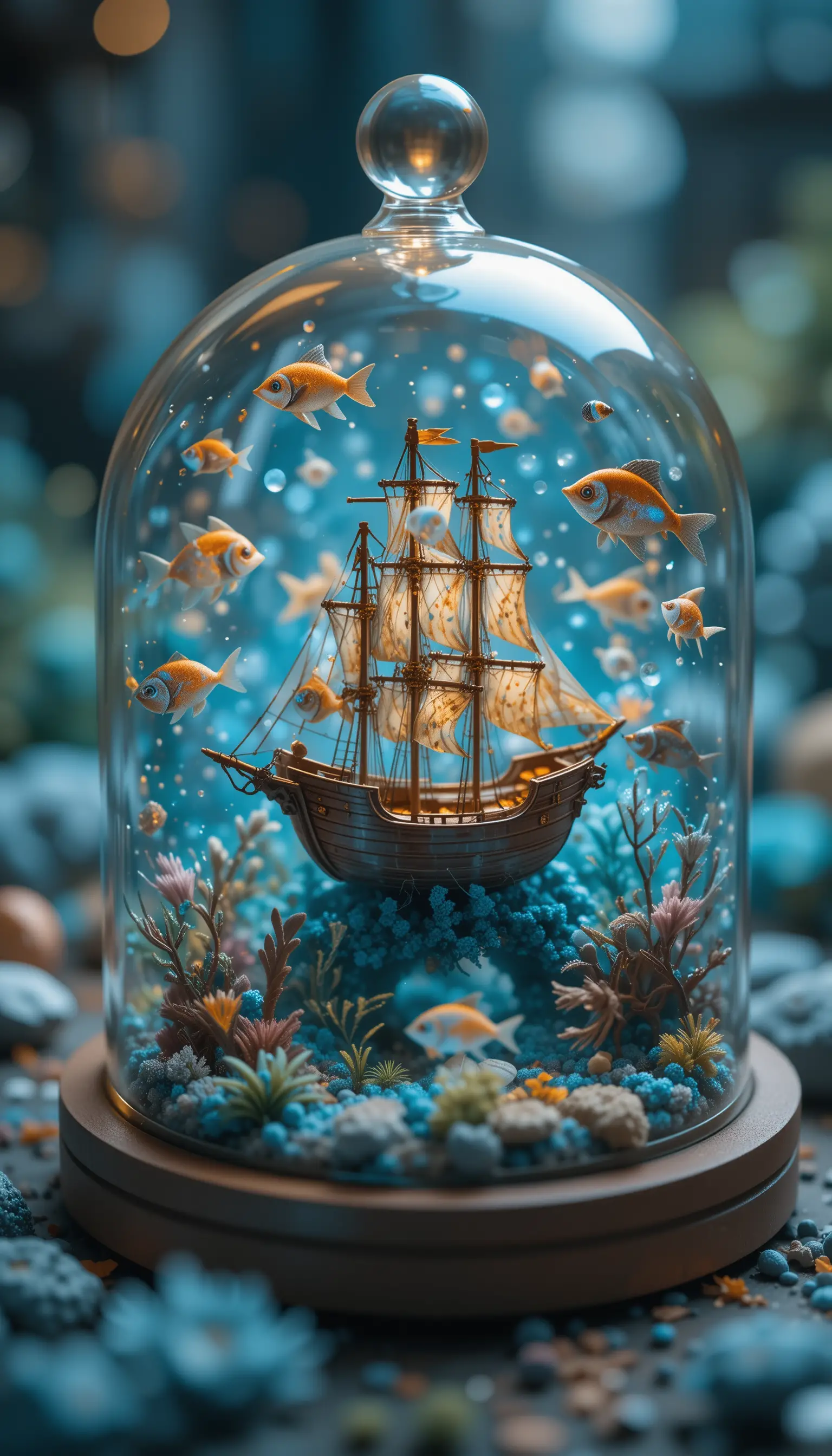 Miniature sunken ship under glass dome with paper sea life