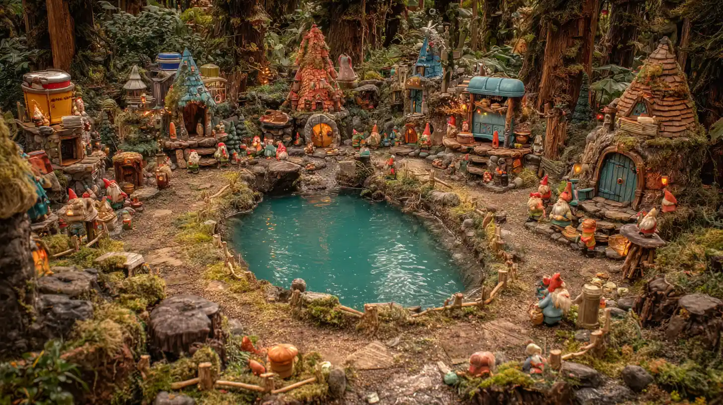 Colorful gnome village built from camping gear in forest
