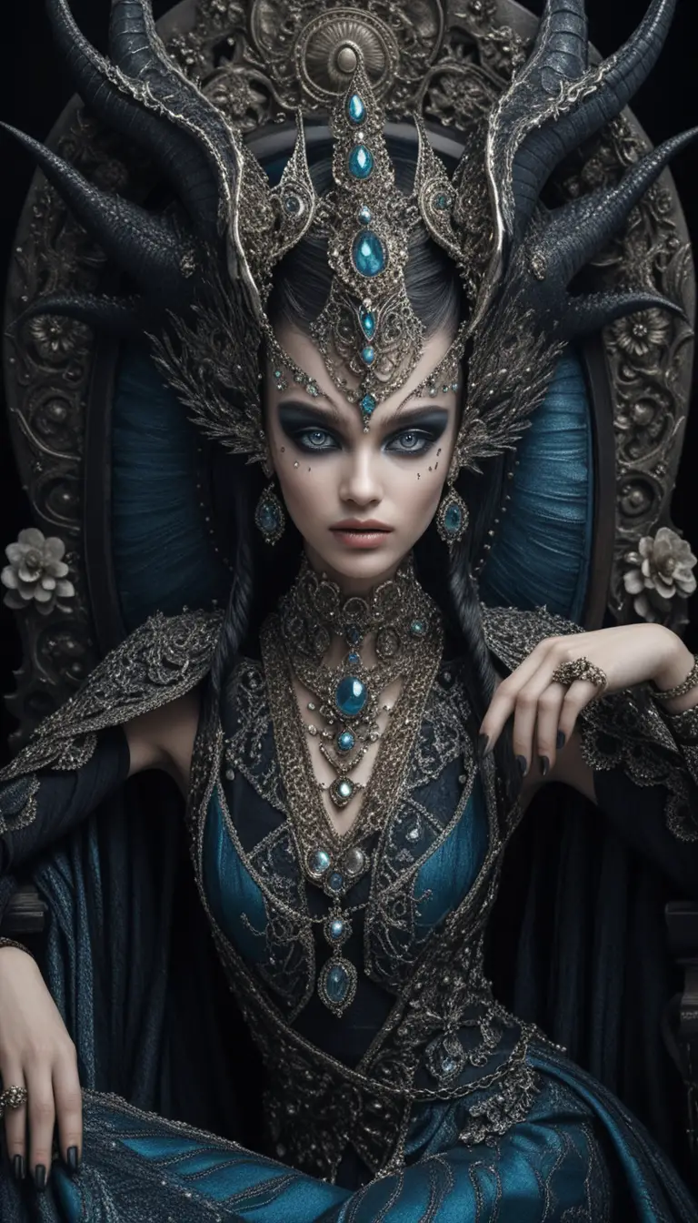 Regina demoniaca su trono barocco in un ritratto dark fantasy