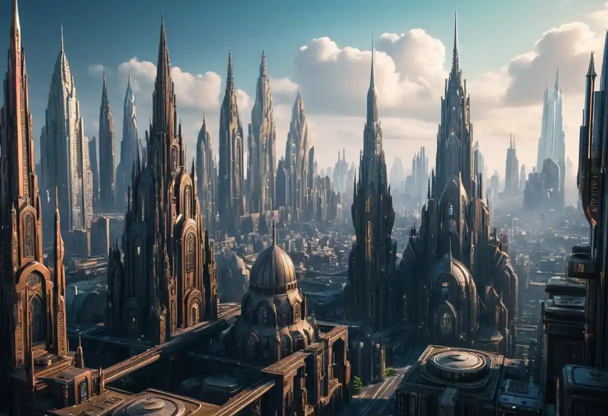 Futuristic gothic skyline over a sprawling vibrant metropolis