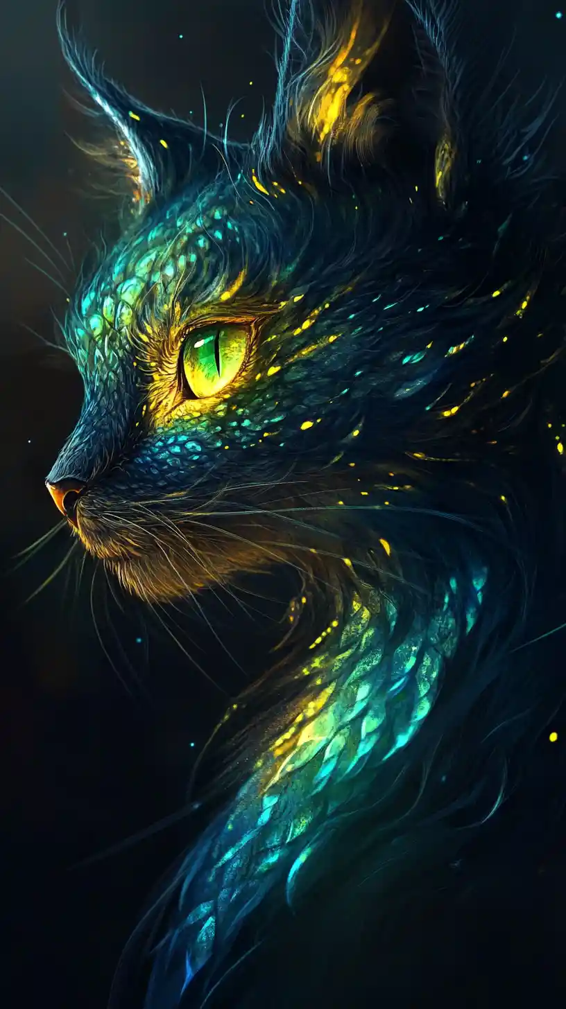 Gatto simile a un drago con scaglie turchesi luminose nell’ombra