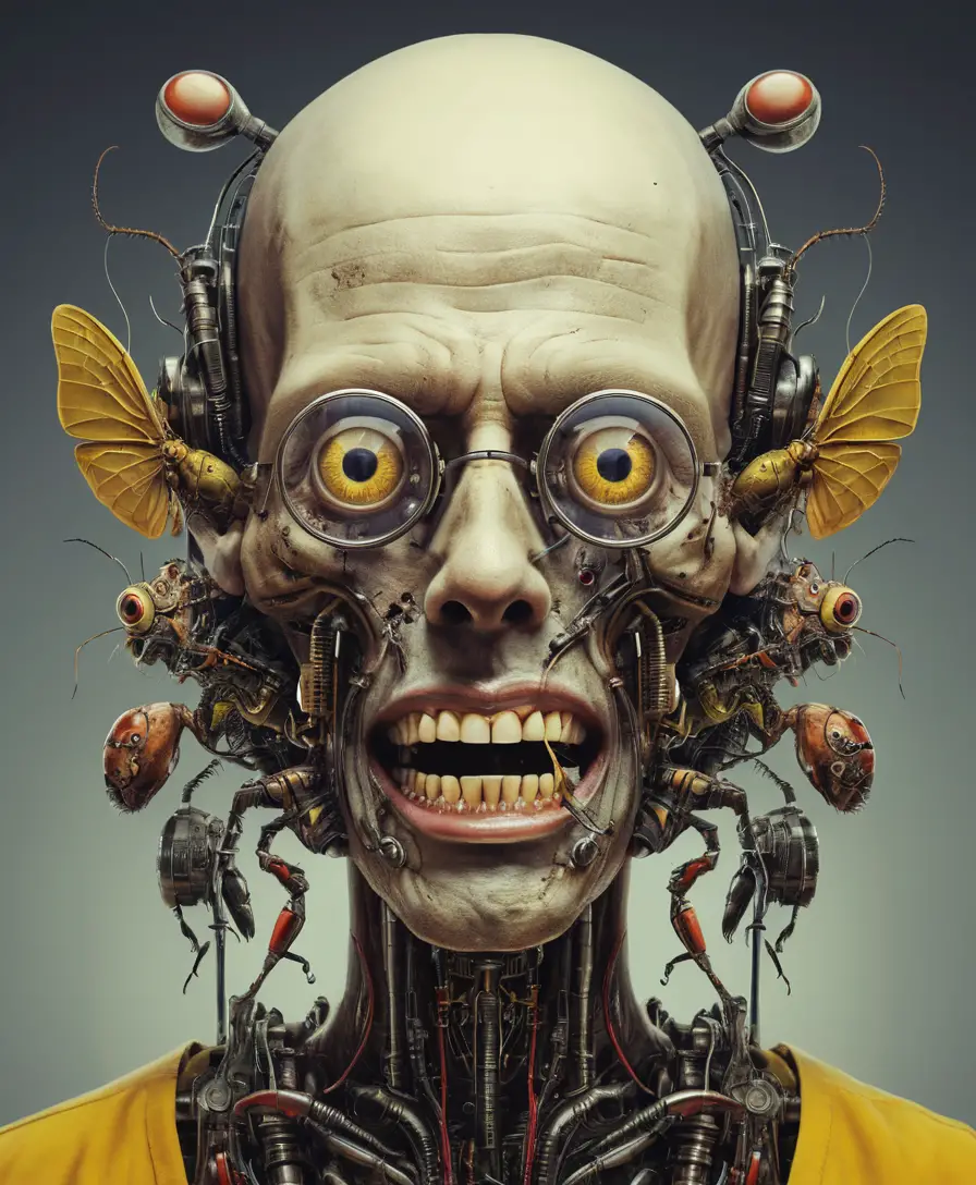 Surreal distorted human face with mechanical insects