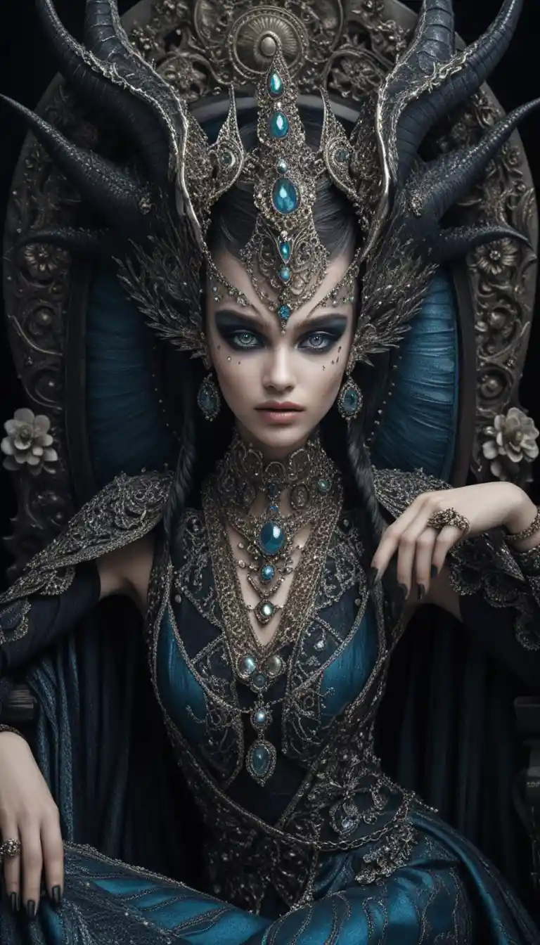 Regina demoniaca su trono barocco in un ritratto dark fantasy