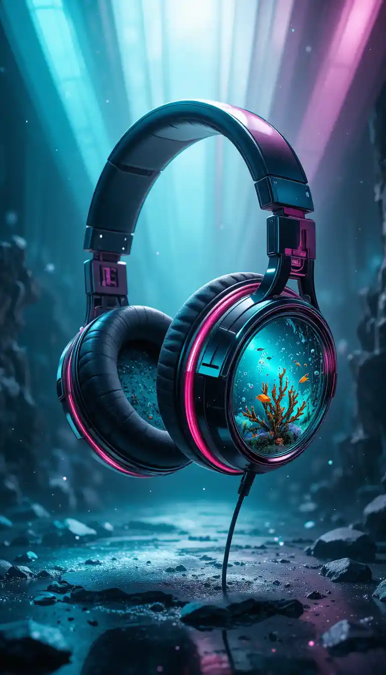 Futuristic glass headphones floating in a cosmic scene