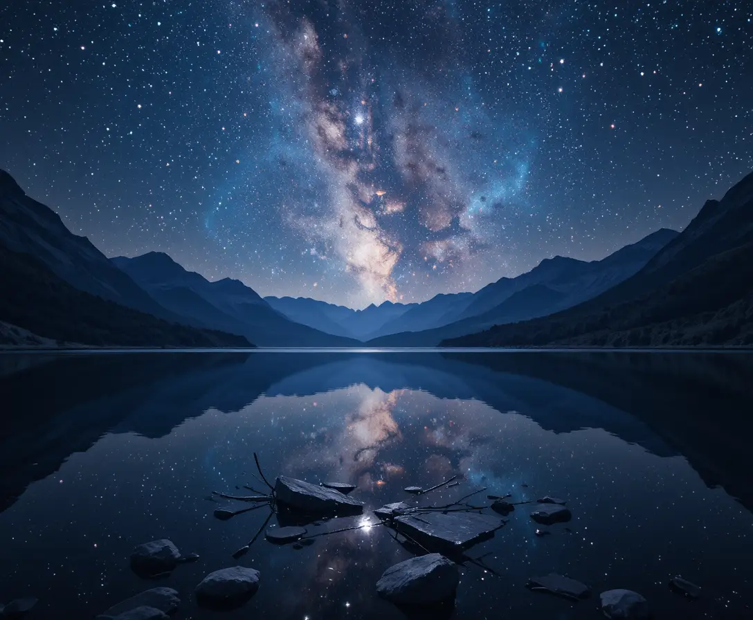 Midnight lake reflecting a surreal alternate starry universe